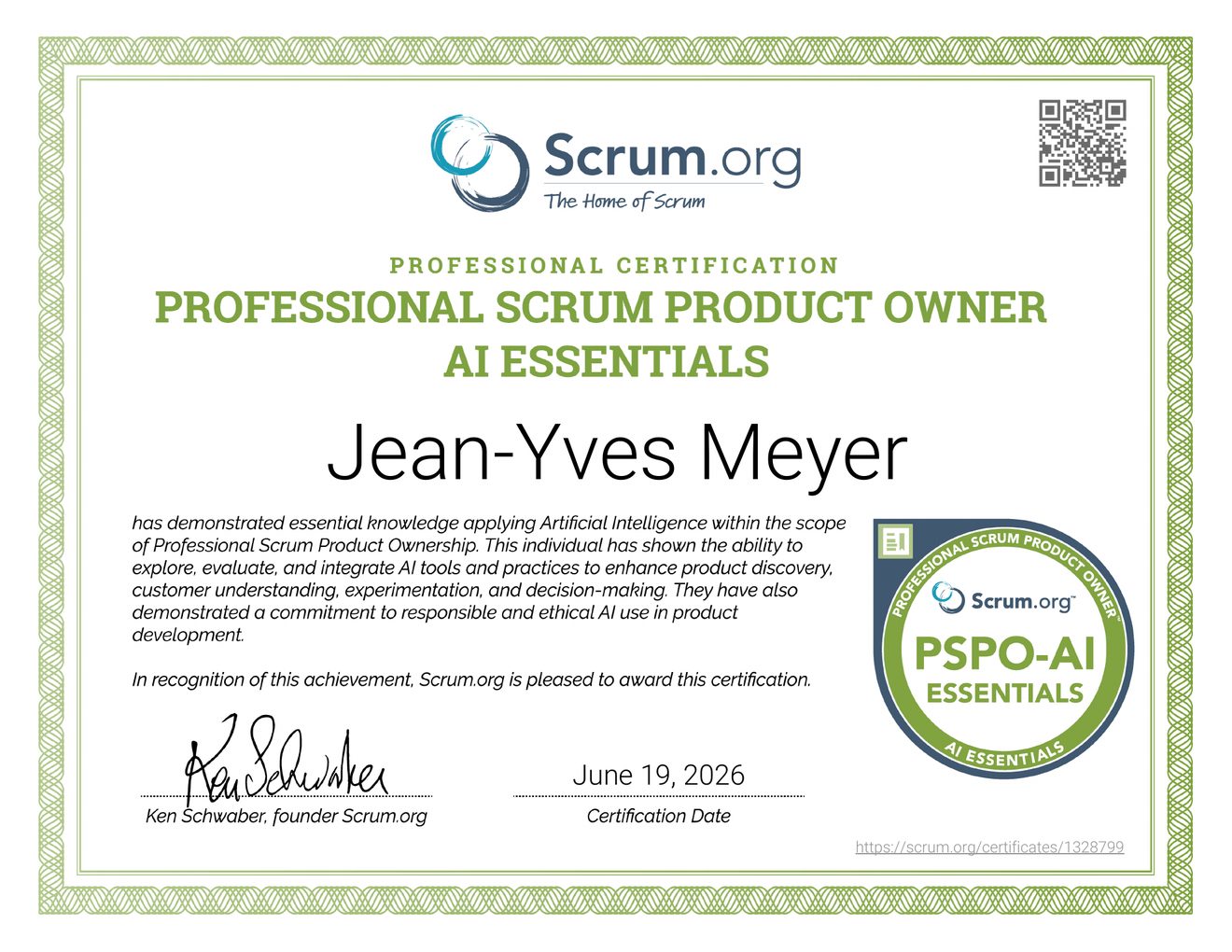 Professional Scrum Product Owner AI Essentials Zertifikat